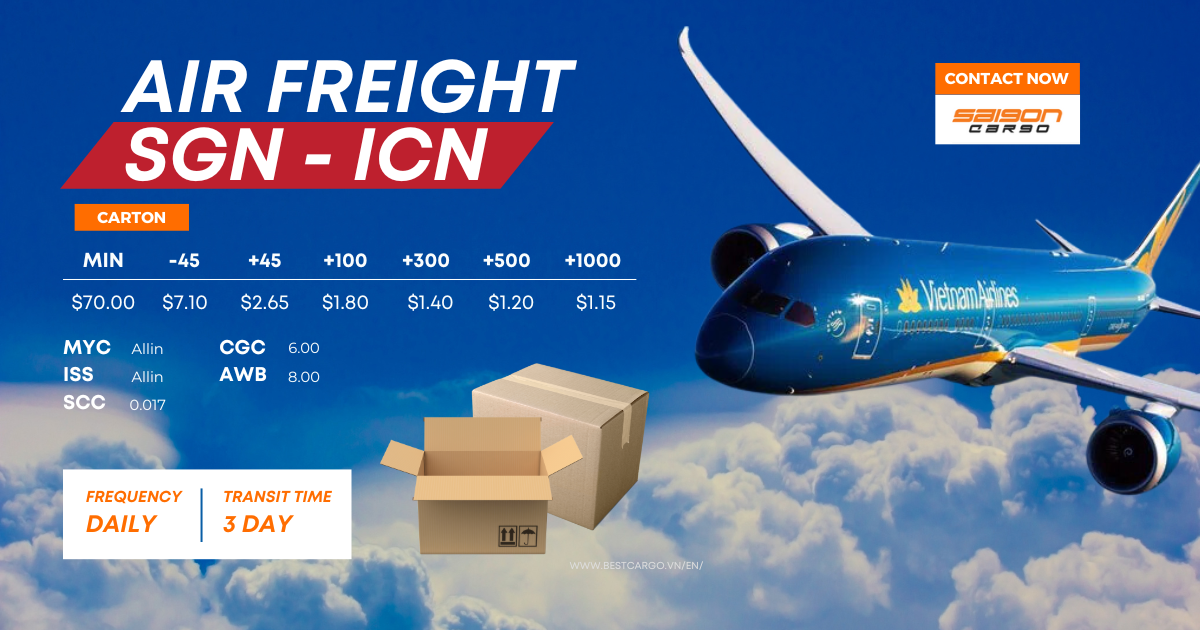 Giá cước vận chuyển đi Hàn Quốc của Vietnam Airline chặng SGN - ICN cho nhóm hàng Carton